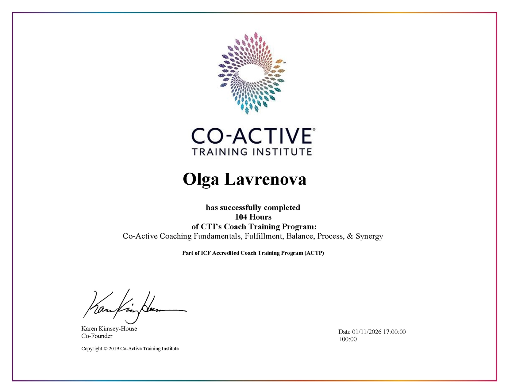 Co-Active Coach certificate for Olga Lavrenova